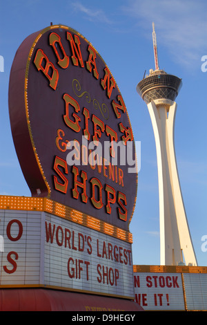 Las Vegas Nevada,West Sahara Avenue,neon,sign,Bonanza Gift & Souvenir Shops,Stratosphere Casino Hotel & Tower,NV130327040 Stock Photo