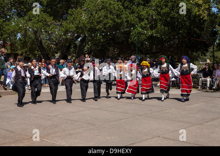 Young Minoan Greek Dancers performing dance at the Greek Festival, Novato, California, USA. Stock Photo