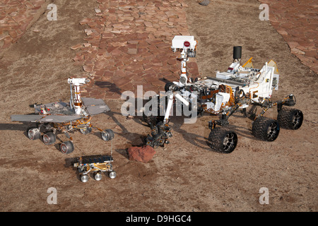 Three generations of Mars rovers. Stock Photo