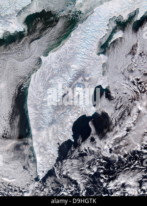 Satellite view of Kamchatka Peninsula, Eastern Russia. Stock Photo