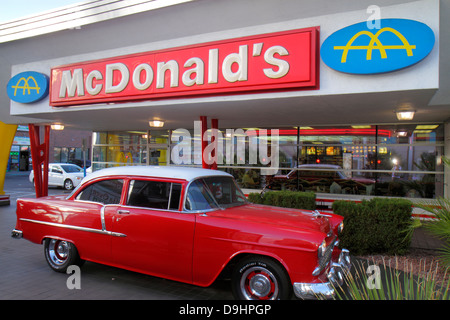 Las Vegas Nevada,Sahara Avenue,McDonald's,burgers,hamburgers,fast food,restaurant restaurants dining cafe cafes,exterior,front,classic car,red,1955 Ch Stock Photo