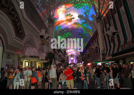 Las Vegas Nevada,Downtown,Fremont Street Experience,pedestrian mall arcade,Viva Vision canopy,light show,night nightlife evening after dark,audience,v Stock Photo