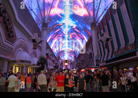 Las Vegas Nevada,Downtown,Fremont Street Experience,pedestrian mall arcade,Viva Vision canopy,light show,night nightlife evening after dark,audience,v Stock Photo