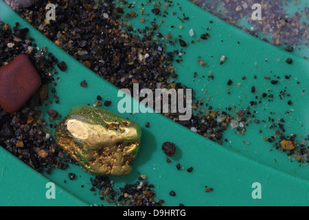 Natural Alaskan (USA) Placer Gold Nugget in Riffles of Gold Pan Stock Photo