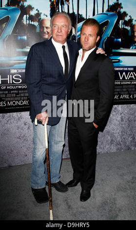 James Caan with a walking stick and foot in a protective cast with son Scott Caan  The Los Angeles HBO Premiere of 'His Way' held at Paramount Studios  Los Angeles, California - 23.03.11 Stock Photo