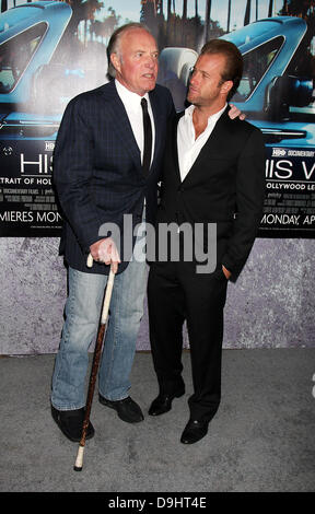 James Caan with his foot in plaster and using a walking stick and his son Scott Caan  The Los Angeles HBO Premiere of 'His Way' held at Paramount Studios  Los Angeles, California - 23.03.11 Stock Photo