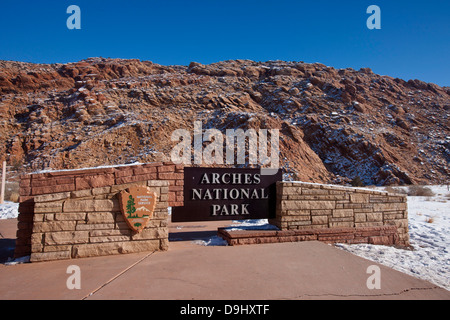 National Park Service entrance sign, Arches National Park, Utah, United States of America Stock Photo