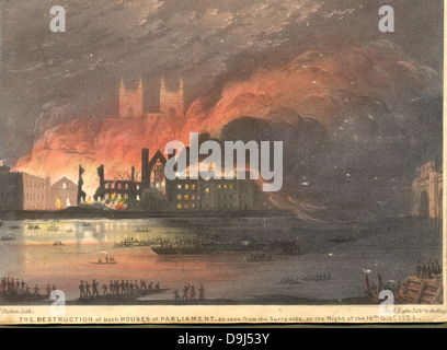 Destruction of both Houses of Parliament as seen from the Surrey side Stock Photo