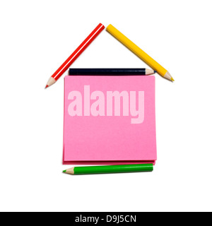 House made of colorful pencils and paper notes on white background, clipping path included Stock Photo