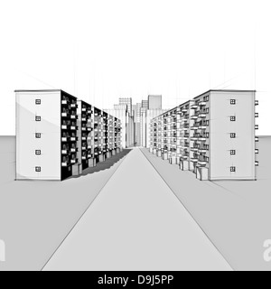 rough drawing of a street with apartment houses in front of the city Stock Photo