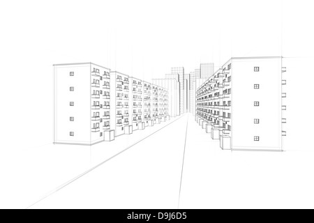 sketch of urban residential street with apartment houses and skyscrapers Stock Photo