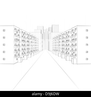 sketch of a city street with apartment houses and skyscrapers Stock Photo