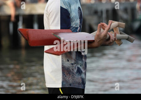 Bintan, Riau Islands, Indonesia. 19th June, 2013. Competitors paddle during the dragon boat festival on June 19, 2013 in Bintan, Riau Islands, Indonesia. Dragon Boat racing dates back over 2,000 years and has now developed into a serious sport on the calendar of many countries around the world. Credit: Credit:  Sijori Images/ZUMAPRESS.com/Alamy Live News Stock Photo