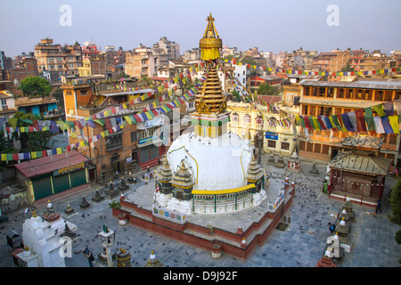 Kathesimbu Stupa with Buddha wisdom eyes and prayer colorful flags in Kathmandu, Nepal Stock Photo
