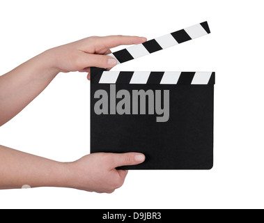 Hands holding a film clapperboard with clipping path Stock Photo