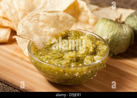 Fresh Homemade Salsa Verde with tortilla chips Stock Photo