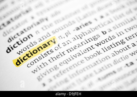 The word dictionary highlighted in a dictionary Stock Photo