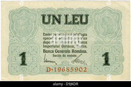 1 Leu Romania - Romanian bank note issued by the Banca Generala Romana whilst under German occupation during World War 1 Stock Photo