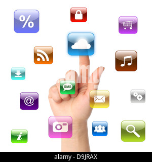 Woman hand pressing cloud computing icon on white background Stock Photo