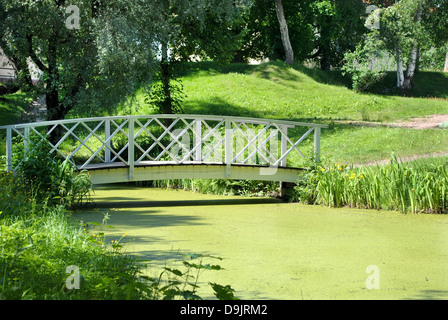 Bridge and pond in the city park. Loviisa in Finland. Stock Photo