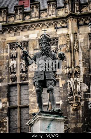 Statue of Charlemagne in front of the Aachen Town Hall Stock Photo