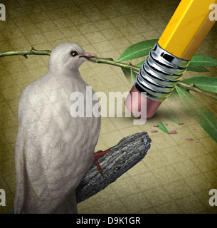 Losing peace crisis concept with a white dove holding an olive branch being erased by a pencil eraser as a symbol of challenges Stock Photo