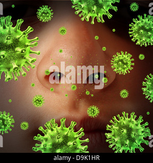 Nasal infection as a contagious sinus disease transmitting a virus with a human nose and nostrils spreading dangerous infectious germs and bacteria while sneezing during a cold or flu symptoms. Stock Photo