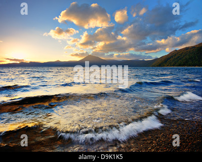 Lake Shikotsu at sunset in Hokkaido, Japan. Stock Photo