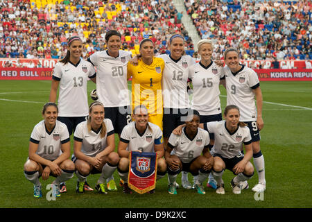 Harrison, N.J, USA 20th June, 2013. June 20, 2013: The US Women's National Team features US Women's National Team forward Abby Wambach (20), US Women's National Team goalkeeper Hope Solo (1),US Women's National Team forward Alex Morgan (13) and US Women's National Team midfielder Carli Lloyd (10) during the U.S. Women vs. Korean Republic- International Friendly at Red Bull Arena - Harrison, N.J. The US Women's National Team defeated The Korea Republic 5-0. ©csm/Alamy Live News Stock Photo