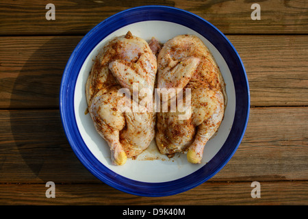 chicken with a dry spice rub marinating in a bowl Stock Photo