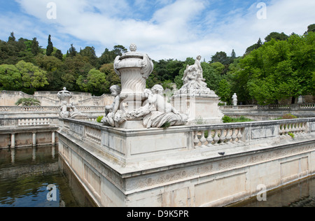 Le Nymphée with sculpture group at the park Les Jardin de la Fontaine in Nimes, France Stock Photo