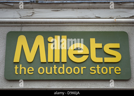 sign for millets at a branch of the nationwide camping and outdoor clothing retailer in kingston upon thames, surrey, england Stock Photo