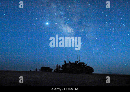 Dutch soldiers settle in for the night under a star filled sky August 19, 2008 in Uruzgan province, Afghanistan. The platoon was on a 3-day International Security Assistance Force mission patrolling through villages. Stock Photo