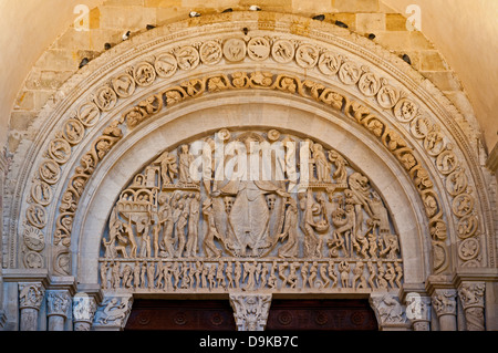 Last Judgement Tympanum by Gislebertus circa 1130 AD in west façade of Autun Cathedral France Burgundy in Romanesque style Stock Photo