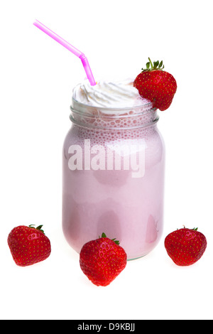 strawberry smoothie drink in a jam jar with a straw Stock Photo