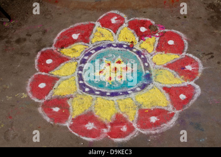 Asia, India,Tamil Nadu, Kanchipuram, traditional drawing in front of a house entrance Stock Photo