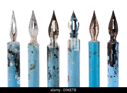 Collection of old blue pens isolated on white Stock Photo