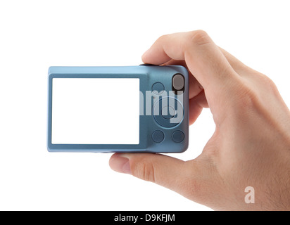 Hand holding compact digital camera. Clipping path included Stock Photo