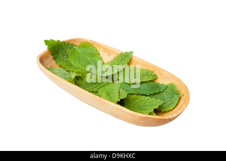 Cut Out of Lemon Balm (Melissa officinalis) Leaves Collected in a Wooden Bowl Stock Photo