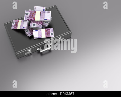 A Briefcase and Euros in Cash. 3D rendered Illustration. Stock Photo