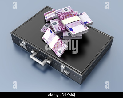 A Briefcase and Euros in Cash. 3D rendered Illustration. Stock Photo