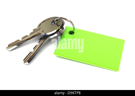 A Colourful 3d Rendered Keys with a Blank Green Keyring Stock Photo