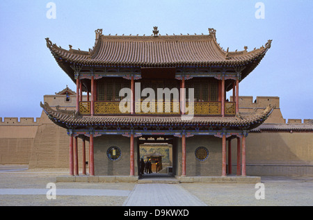 Exterior of Wen Chang tower in Jiayu Pass or Jiayuguan which is the first pass at the west end of the Great Wall of China which was built by the Ming Dynasty, in the 14th century, located southwest of the city of Jiayuguan in Gansu province Northern China Stock Photo