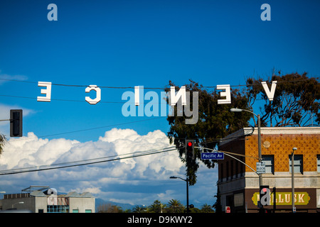 A backward view of a street sign in the Venice neighborhood of Los Angeles, California, on 26 February 2011. Stock Photo