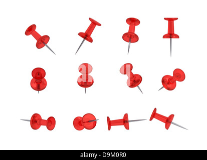 12 Realistic Thumbtacks - RED Set (Translucent Plastic) Stock Photo