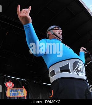 Pomona, California, USA. 20th June, 2013. CHRISTIAN JACOBS (aka The M.C. Commander), singer for the rock band Aquabats, performs during the Vans Warped Tour 2013 at the Pomona Fairplex. Credit: Scott Mitchell/ZUMAPRESS.com/Alamy Live News Stock Photo