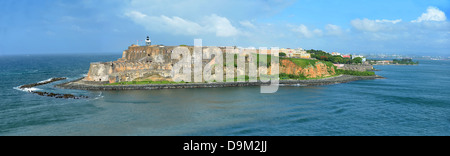 Aerial view of Castillo San Felipe del Morro with lighthouse in San Juan, Puerto Rico - stitched from 4 images Stock Photo