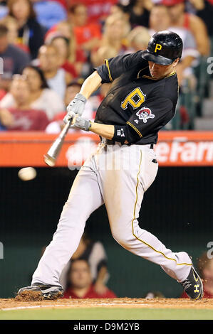 Anaheim, California, USA. 21st June, 2013. June 21, 2013 Anaheim, California: Pittsburgh Pirates second baseman Neil Walker (18) connects with the ball in the sixth inning during the game between the Pittsburgh Pirates and the Los Angeles Angels at Angel Stadium on June 21, 2013 in Anaheim, California. Rob Carmell/CSM/Alamy Live News Stock Photo