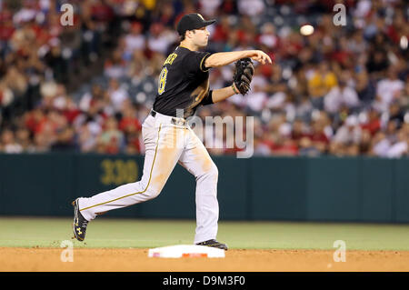 Anaheim, California, USA. 21st June, 2013. June 21, 2013 Anaheim, California: Pittsburgh Pirates second baseman Neil Walker (18) throw for an out at first during the game between the Pittsburgh Pirates and the Los Angeles Angels at Angel Stadium on June 21, 2013 in Anaheim, California. Rob Carmell/CSM/Alamy Live News Stock Photo