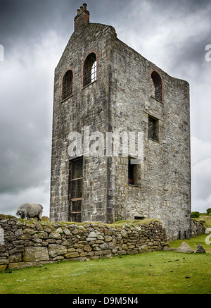 An old ruined engine house left over from Cornish tin and copper mining at Minions on Bodmin Moor in Cornwall Stock Photo